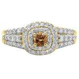 1.00 Carat (ctw) 14K Yellow Gold Round Cut Champagne & White Diamond Ladies Vintage Style Bridal Halo Engagement Ring 1 CT