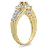 1.00 Carat (ctw) 14K Yellow Gold Round Cut Champagne & White Diamond Ladies Vintage Style Bridal Halo Engagement Ring 1 CT