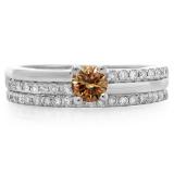 0.75 Carat (ctw) 10K White Gold Round Cut Champagne & White Diamond Ladies Bridal Engagement Ring With Matching Band Set 3/4 CT