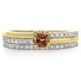 0.75 Carat (ctw) 10K Yellow Gold Round Cut Champagne & White Diamond Ladies Bridal Engagement Ring With Matching Band Set 3/4 CT