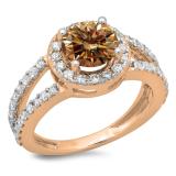 2.33 Carat (ctw) 14K Rose Gold Round Champagne & White Diamond Ladies Bridal Split Shank Halo Style Engagement Ring
