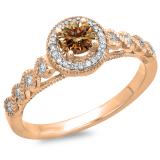 0.55 Carat (ctw) 10K Rose Gold Round Cut White & Champagne Diamond Ladies Bridal Vintage & Antique Milgrain Halo Style Engagement Ring 1/2 CT