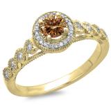 0.55 Carat (ctw) 10K Yellow Gold Round Cut White & Champagne Diamond Ladies Bridal Vintage & Antique Milgrain Halo Style Engagement Ring 1/2 CT