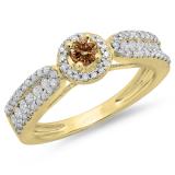 0.80 Carat (ctw) 10K Yellow Gold Round Cut White & Champagne Diamond Ladies Bridal Vintage Halo Style Engagement Ring 3/4 CT