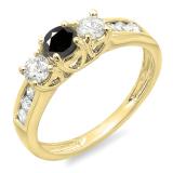 0.90 Carat (ctw) 10K Yellow Gold Round Cut Black & White Diamond Ladies 3 Stone Engagement Bridal Ring