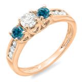 0.90 Carat (ctw) 10K Rose Gold Round Cut Blue & White Diamond Ladies 3 Stone Engagement Bridal Ring