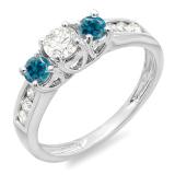 0.90 Carat (ctw) 10K White Gold Round Cut Blue & White Diamond Ladies 3 Stone Engagement Bridal Ring