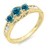 0.90 Carat (ctw) 10K Yellow Gold Round Cut Blue & White Diamond Ladies 3 Stone Engagement Bridal Ring