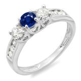 0.90 Carat (ctw) 10K White Gold Round Cut Blue Sapphire & White Diamond Ladies 3 Stone Engagement Bridal Ring