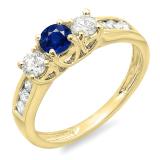 0.90 Carat (ctw) 10K Yellow Gold Round Cut Blue Sapphire & White Diamond Ladies 3 Stone Engagement Bridal Ring