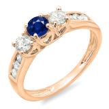 0.90 Carat (ctw) 14K Rose Gold Round Cut Blue Sapphire & White Diamond Ladies 3 Stone Engagement Bridal Ring