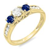 0.90 Carat (ctw) 10K Yellow Gold Round Cut Blue Sapphire & White Diamond Ladies 3 Stone Engagement Bridal Ring