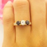 0.90 Carat (ctw) 10K Yellow Gold Round Cut Blue Sapphire & White Diamond Ladies 3 Stone Engagement Bridal Ring