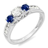 0.90 Carat (ctw) 18K White Gold Round Cut Blue Sapphire & White Diamond Ladies 3 Stone Engagement Bridal Ring