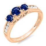 0.90 Carat (ctw) 10K Rose Gold Round Cut Blue Sapphire & White Diamond Ladies 3 Stone Engagement Bridal Ring