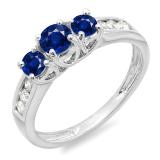 0.90 Carat (ctw) 18K White Gold Round Cut Blue Sapphire & White Diamond Ladies 3 Stone Engagement Bridal Ring