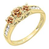 0.90 Carat (ctw) 10K Yellow Gold Round Cut Champagne & White Diamond Ladies 3 Stone Engagement Bridal Ring