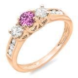 0.90 Carat (ctw) 18K Rose Gold Round Cut Pink Sapphire & White Diamond Ladies 3 Stone Engagement Bridal Ring