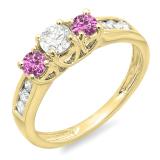 0.90 Carat (ctw) 10K Yellow Gold Round Cut Pink Sapphire & White Diamond Ladies 3 Stone Engagement Bridal Ring