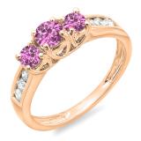 0.90 Carat (ctw) 10K Rose Gold Round Cut Pink Sapphire & White Diamond Ladies 3 Stone Engagement Bridal Ring