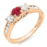 0.90 Carat (ctw) 10K Rose Gold Round Cut Red Ruby & White Diamond Ladies 3 Stone Engagement Bridal Ring