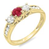 0.90 Carat (ctw) 10K Yellow Gold Round Cut Red Ruby & White Diamond Ladies 3 Stone Engagement Bridal Ring