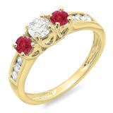 0.90 Carat (ctw) 14K Yellow Gold Round Cut Red Ruby & White Diamond Ladies 3 Stone Engagement Bridal Ring
