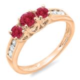 0.90 Carat (ctw) 14K Rose Gold Round Cut Red Ruby & White Diamond Ladies 3 Stone Engagement Bridal Ring