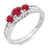 0.90 Carat (ctw) 14K White Gold Round Cut Red Ruby & White Diamond Ladies 3 Stone Engagement Bridal Ring