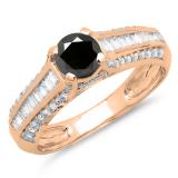 1.20 Carat (ctw) 10K Rose Gold Round & Baguette Cut Black & White Diamond Ladies Vintage Style Solitaire With Accents Bridal Engagement Ring 1 1/4 CT