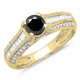 1.20 Carat (ctw) 14K Yellow Gold Round & Baguette Cut Black & White Diamond Ladies Vintage Style Solitaire With Accents Bridal Engagement Ring 1 1/4 CT