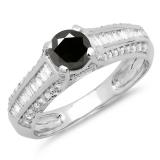 1.20 Carat (ctw) 18K White Gold Round & Baguette Cut Black & White Diamond Ladies Vintage Style Solitaire With Accents Bridal Engagement Ring 1 1/4 CT
