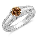 1.20 Carat (ctw) 14K White Gold Round & Baguette Cut Champagne & White Diamond Ladies Vintage Style Solitaire With Accents Bridal Engagement Ring 1 1/4 CT