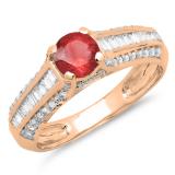 1.20 Carat (ctw) 10K Rose Gold Round & Baguette Cut Red Ruby & White Diamond Ladies Vintage Style Solitaire With Accents Bridal Engagement Ring 1 1/4 CT