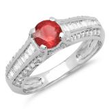 1.20 Carat (ctw) 14K White Gold Round & Baguette Cut Red Ruby & White Diamond Ladies Vintage Style Solitaire With Accents Bridal Engagement Ring 1 1/4 CT