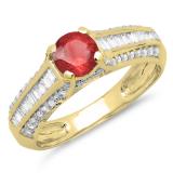 1.20 Carat (ctw) 14K Yellow Gold Round & Baguette Cut Red Ruby & White Diamond Ladies Vintage Style Solitaire With Accents Bridal Engagement Ring 1 1/4 CT