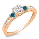 0.75 Carat (ctw) 10K Rose Gold Round Cut Blue & White Diamond Ladies Bridal 3 Stone Engagement Ring 3/4 CT