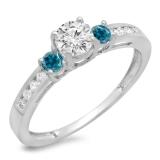 0.75 Carat (ctw) 18K White Gold Round Cut Blue & White Diamond Ladies Bridal 3 Stone Engagement Ring 3/4 CT