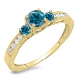 0.75 Carat (ctw) 18K Yellow Gold Round Cut Blue & White Diamond Ladies Bridal 3 Stone Engagement Ring 3/4 CT