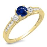 0.75 Carat (ctw) 10K Yellow Gold Round Cut Blue Sapphire & White Diamond Ladies Bridal 3 Stone Engagement Ring 3/4 CT