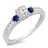 0.75 Carat (ctw) 10K White Gold Round Cut Blue Sapphire & White Diamond Ladies Bridal 3 Stone Engagement Ring 3/4 CT