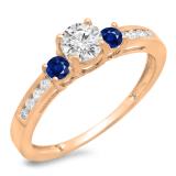 0.75 Carat (ctw) 18K Rose Gold Round Cut Blue Sapphire & White Diamond Ladies Bridal 3 Stone Engagement Ring 3/4 CT