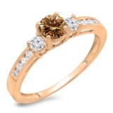 0.75 Carat (ctw) 10K Rose Gold Round Cut Champagne & White Diamond Ladies Bridal 3 Stone Engagement Ring 3/4 CT