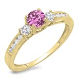 0.75 Carat (ctw) 10K Yellow Gold Round Cut Pink Sapphire & White Diamond Ladies Bridal 3 Stone Engagement Ring 3/4 CT