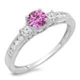 0.75 Carat (ctw) 14K White Gold Round Cut Pink Sapphire & White Diamond Ladies Bridal 3 Stone Engagement Ring 3/4 CT
