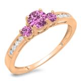 0.75 Carat (ctw) 14K Rose Gold Round Cut Pink Sapphire & White Diamond Ladies Bridal 3 Stone Engagement Ring 3/4 CT