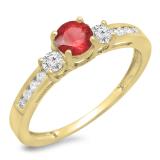 0.75 Carat (ctw) 14K Yellow Gold Round Cut Ruby & White Diamond Ladies Bridal 3 Stone Engagement Ring 3/4 CT