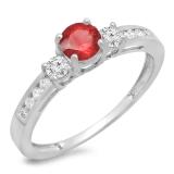 0.75 Carat (ctw) 18K White Gold Round Cut Ruby & White Diamond Ladies Bridal 3 Stone Engagement Ring 3/4 CT