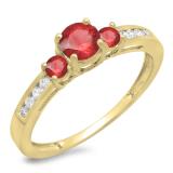 0.75 Carat (ctw) 18K Yellow Gold Round Cut Ruby & White Diamond Ladies Bridal 3 Stone Engagement Ring 3/4 CT