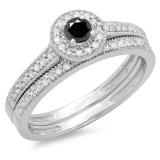 0.50 Carat (ctw) 10K White Gold Round Black & White Diamond Ladies Halo Style Bridal Engagement Ring With Matching Band Set 1/2 CT
